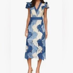Adelyn Rae Adeline Palm Lace Midi Dress in Sapphire Blue/cream